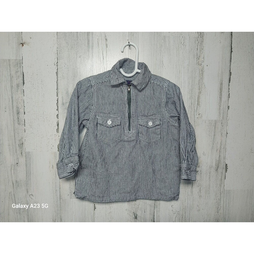 Lil' Hickory Shirt Size 24m 2T Quarter Zip Striped Farm Workwear Railroad